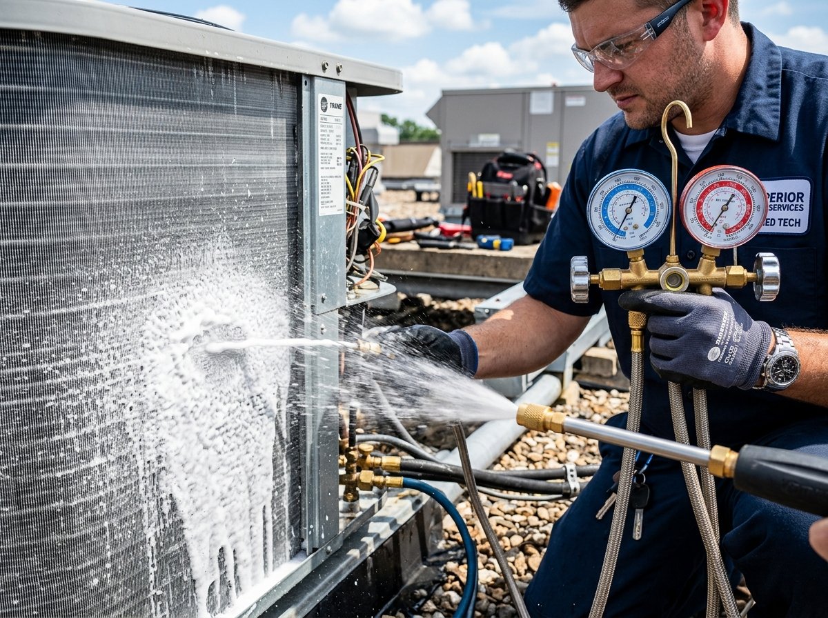 Foam jet power wash technology on AC cooling condenser coils