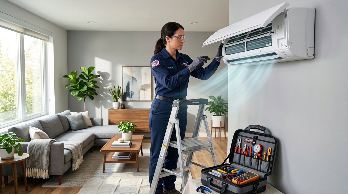 Professional AC Technician servicing split air conditioner